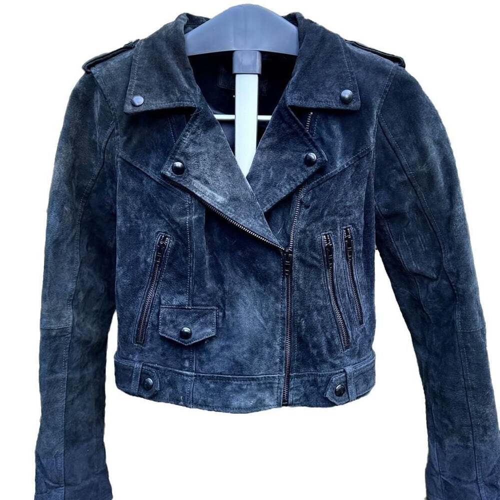 Blank NYC Navy 100% Leather Bohemian Preppy Slim Classic Short Moto Jacket Small